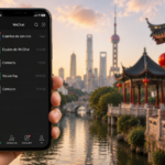 Mano sujetando móvil con fondo de WeChat
